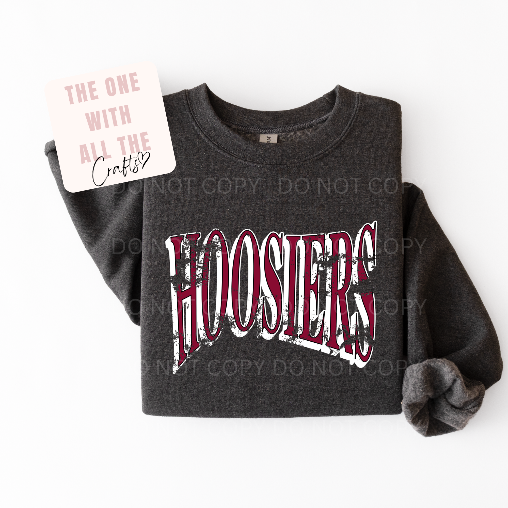 Dark gray sweatshirt with 'HOOSIERS' text on a white background