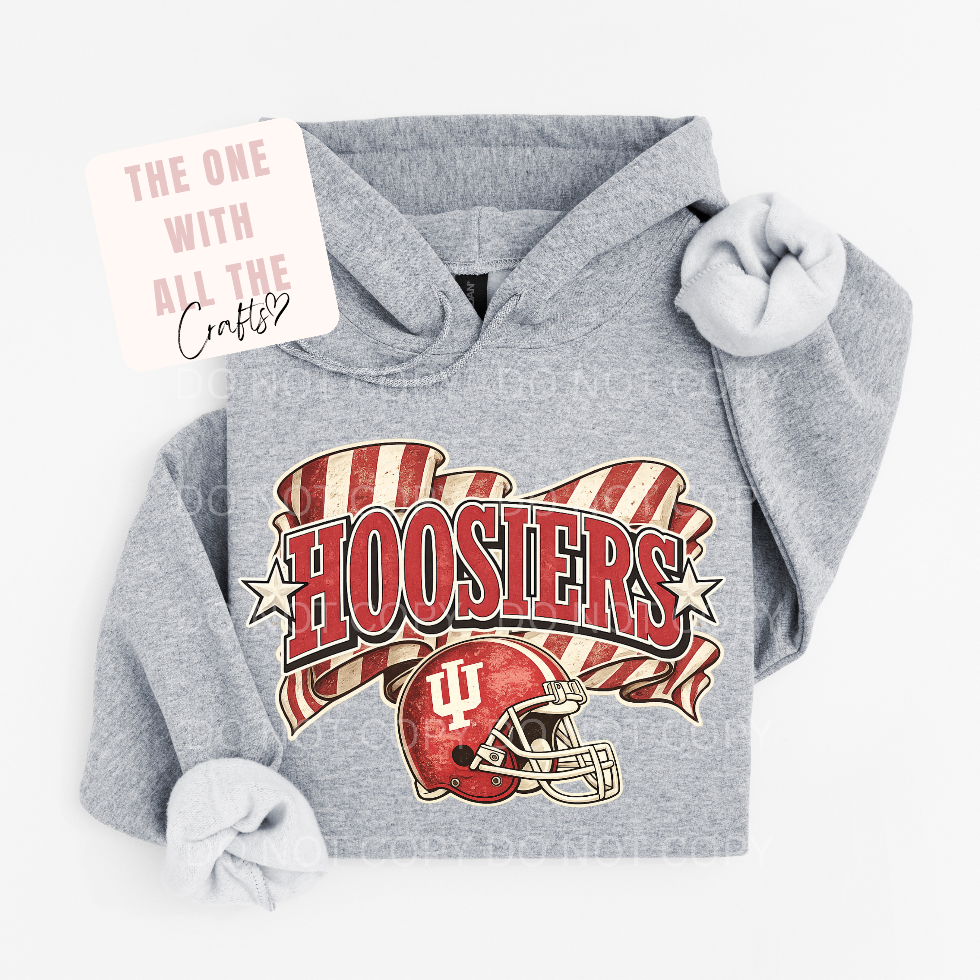 Gray hoodie with 'Hoosiers' and football helmet design on a white background