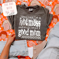 Gray t-shirt with text held by a person on a colorful background