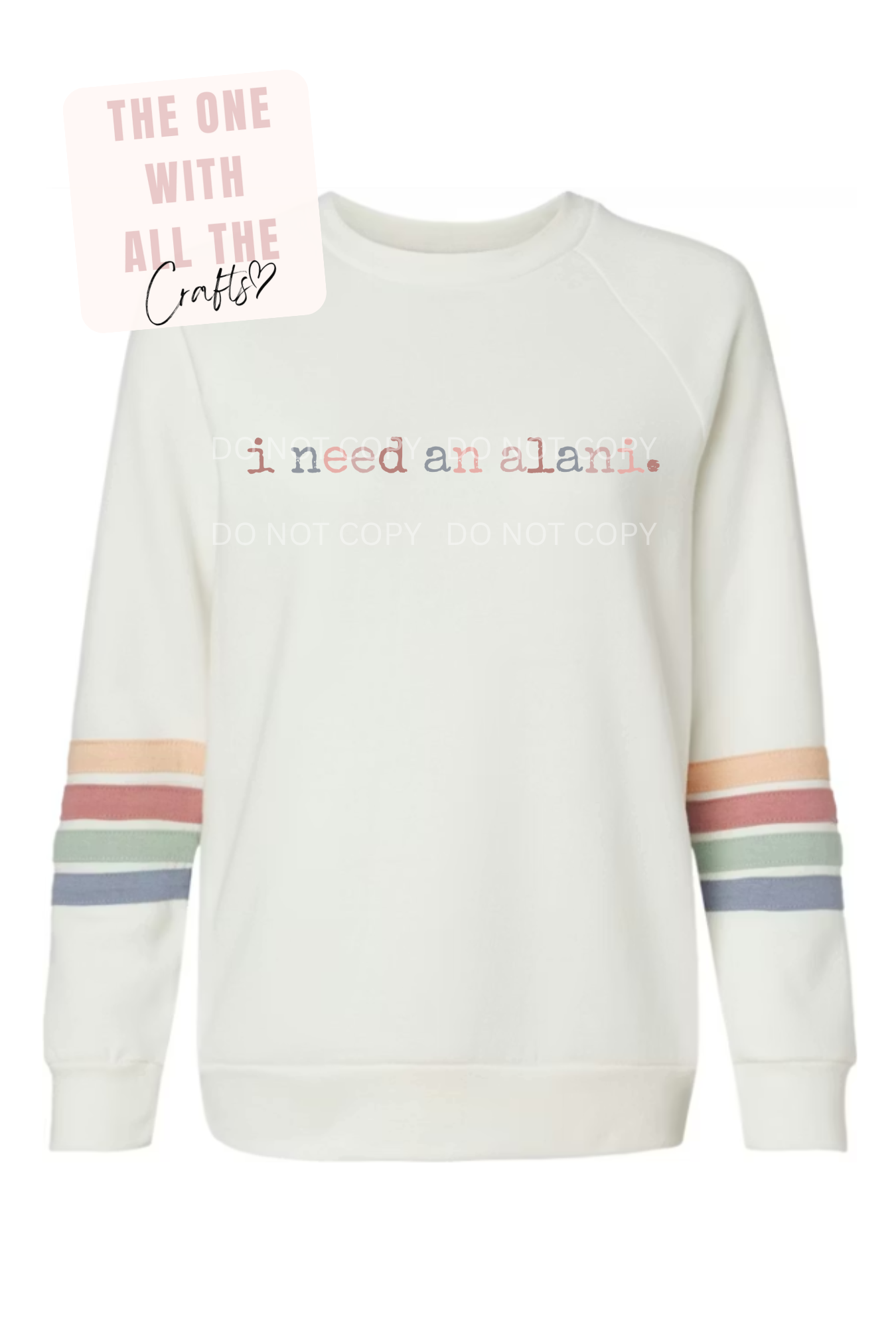 White sweatshirt with colorful stripes on sleeves and text on a white background