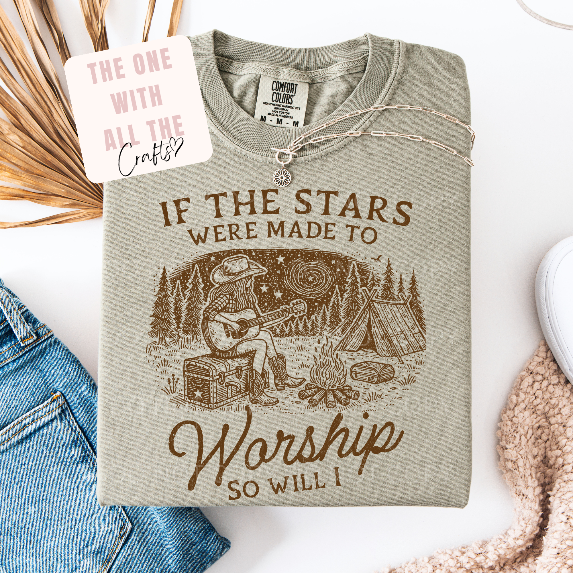 Gray sweatshirt with a graphic and text 'If the stars were made to worship, so will I' on a white background.