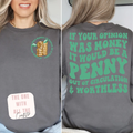 Gray sweatshirt with humorous text and graphics on front and back