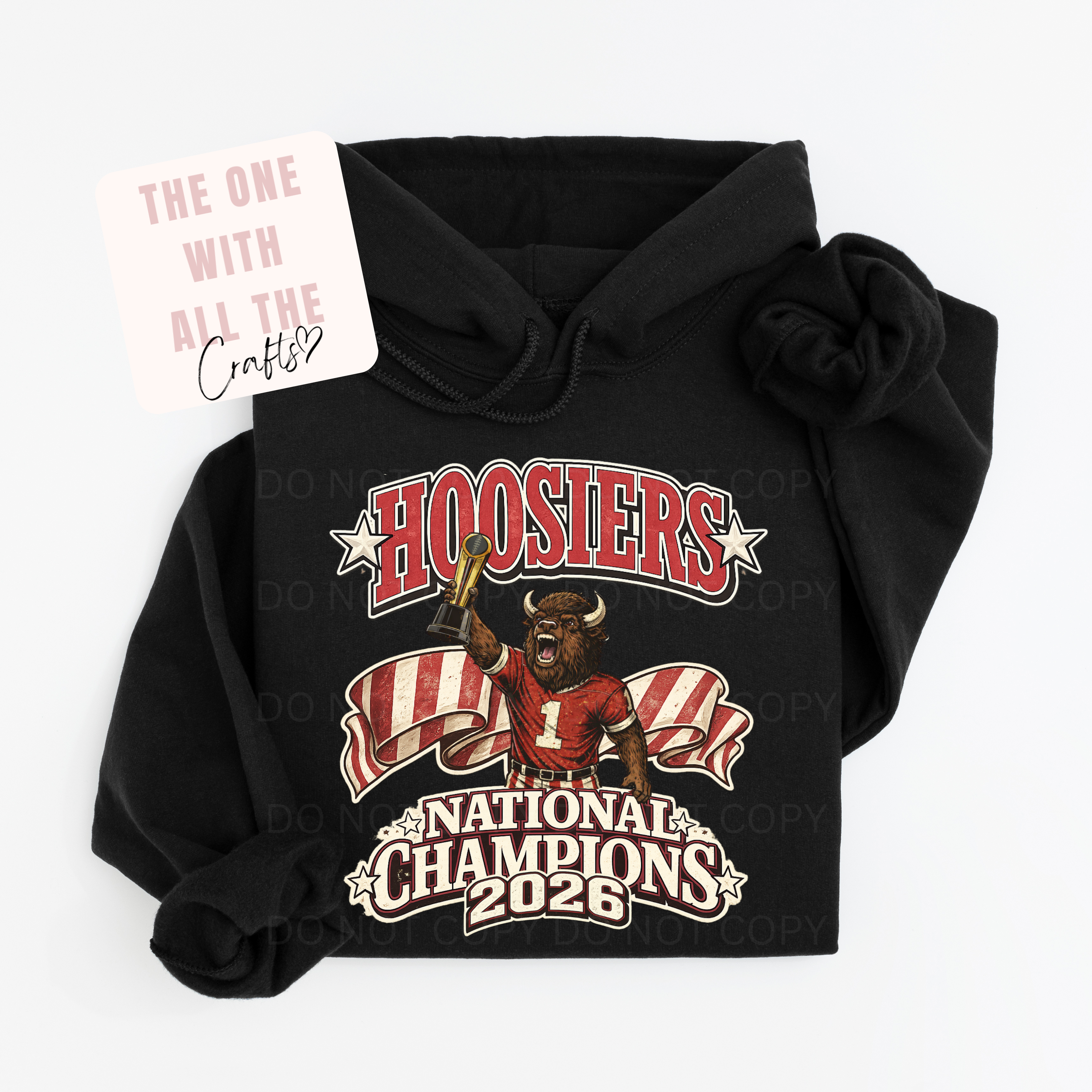 Black hoodie with 'Hoosiers National Champions 2026' graphic on a white background