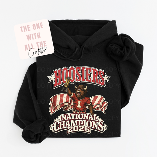 Black hoodie with 'Hoosiers National Champions 2026' graphic on a white background