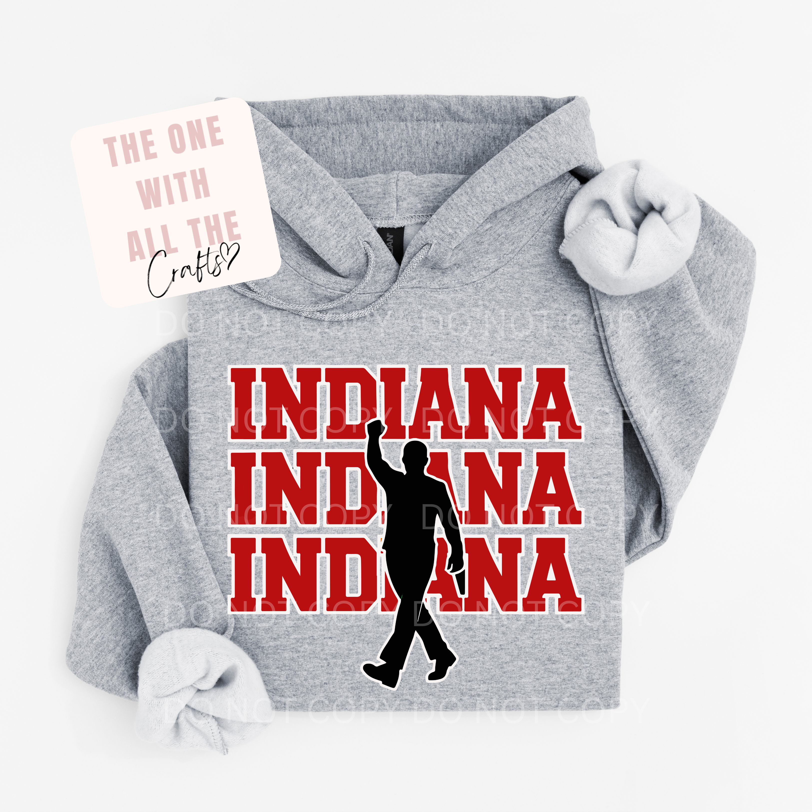 Gray hoodie with 'Indiana' text and silhouette design on a white background