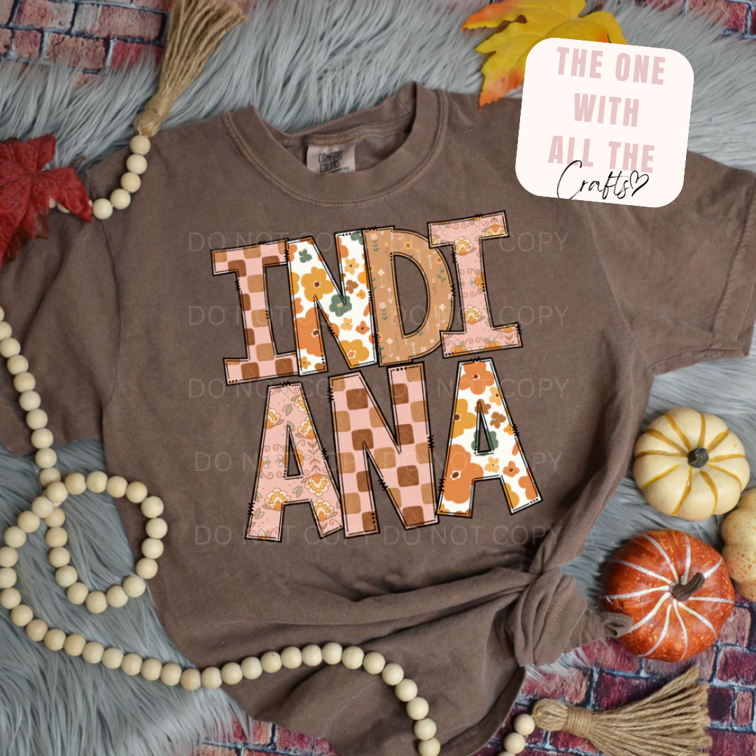 Brown t-shirt with 'INDIANA' printed in decorative letters on a textured surface with pumpkins and beads.