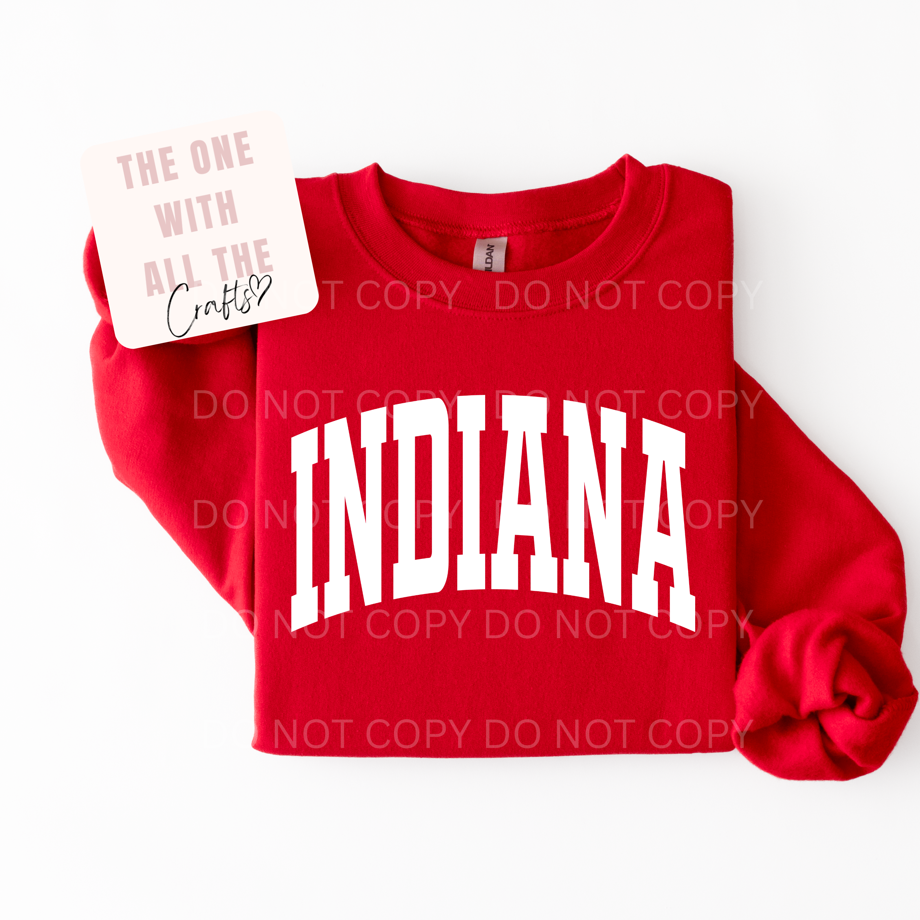 Red sweatshirt with 'INDIANA' printed on it against a white background