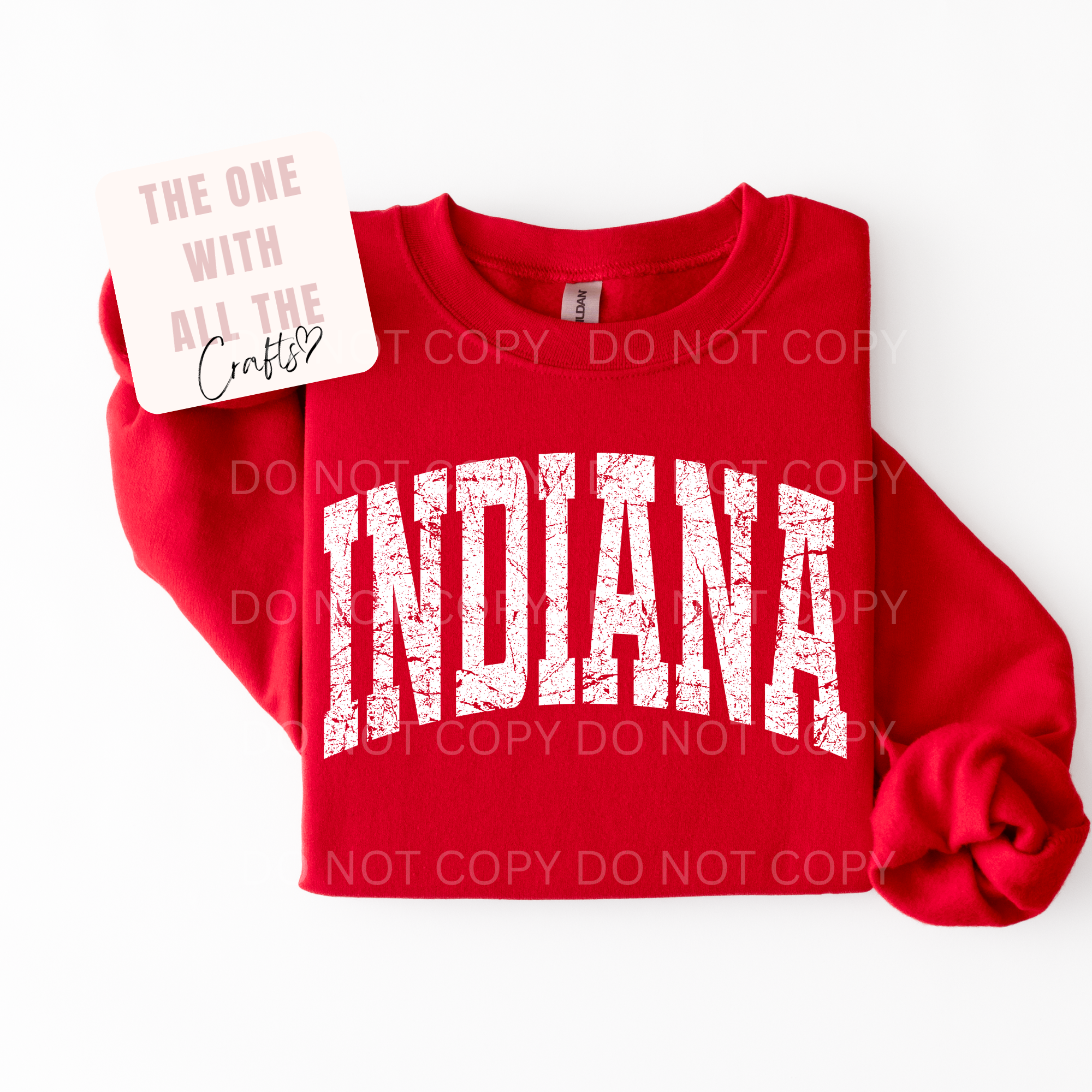Red sweatshirt with 'INDIANA' printed on it against a white background