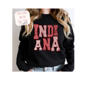 Black sweatshirt with 'INDIANA' in red checkered letters worn by a person.