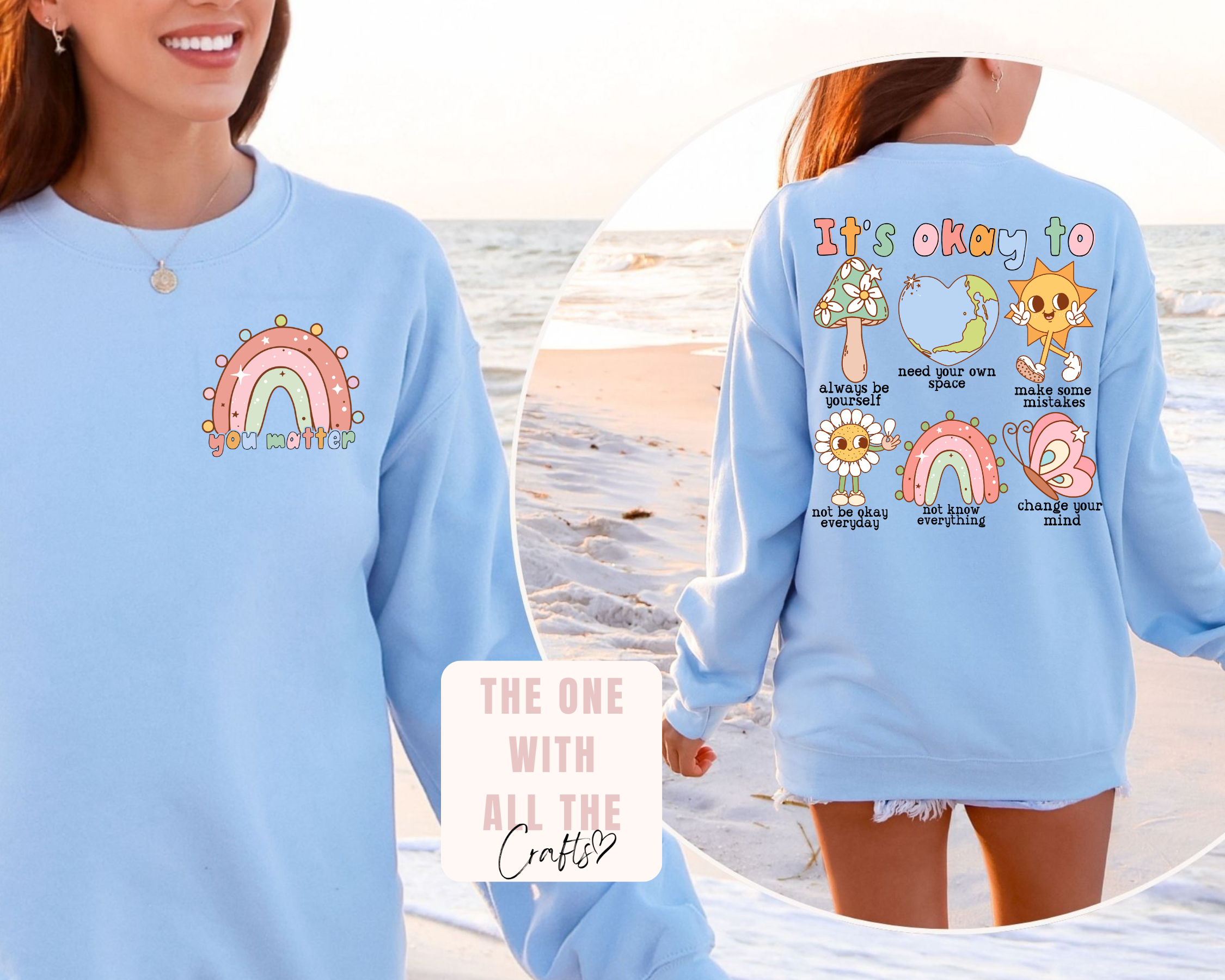 Light blue sweatshirt with colorful designs on the front and back, worn by a person at the beach.