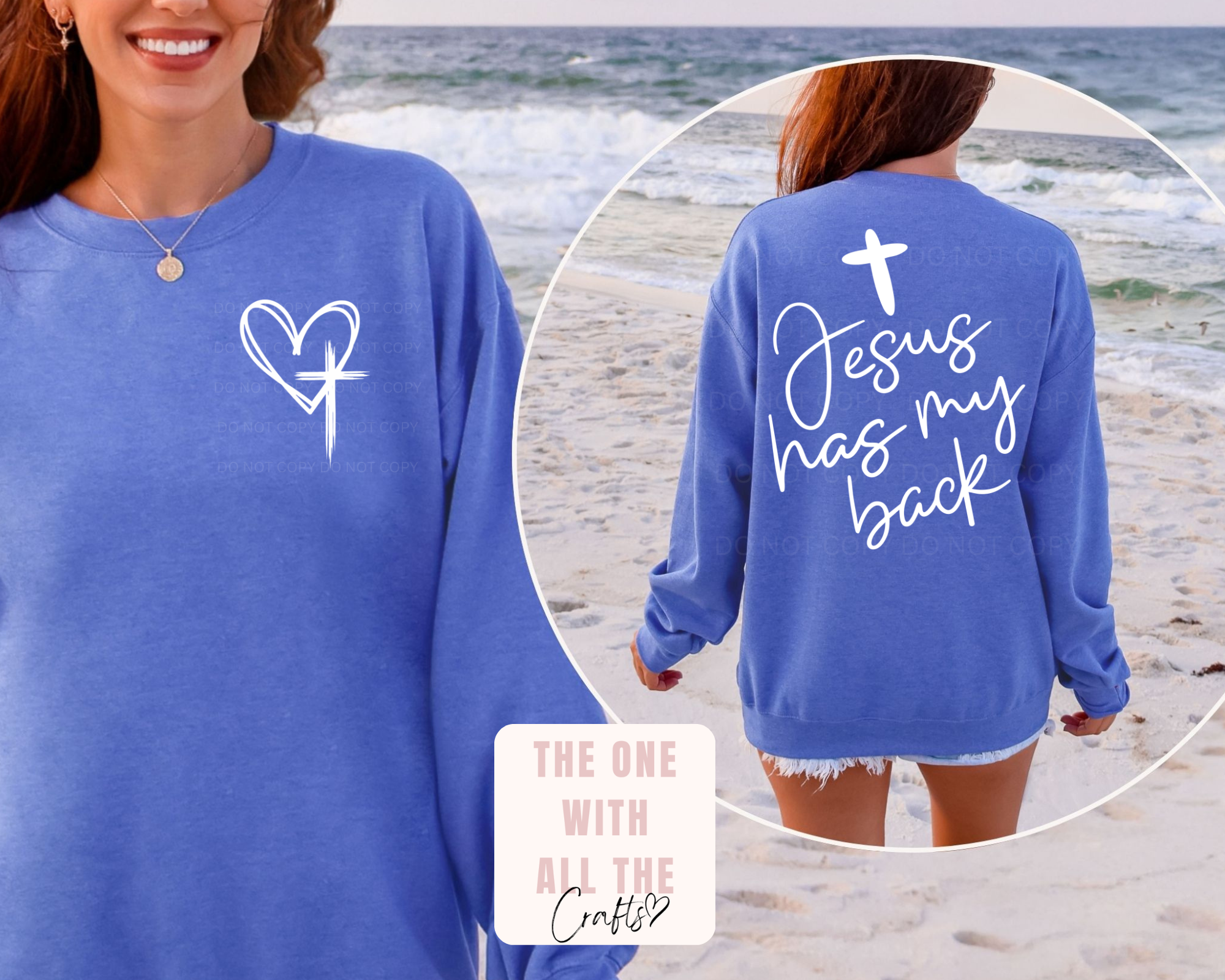 Blue sweatshirt with heart and cross design on a beach
