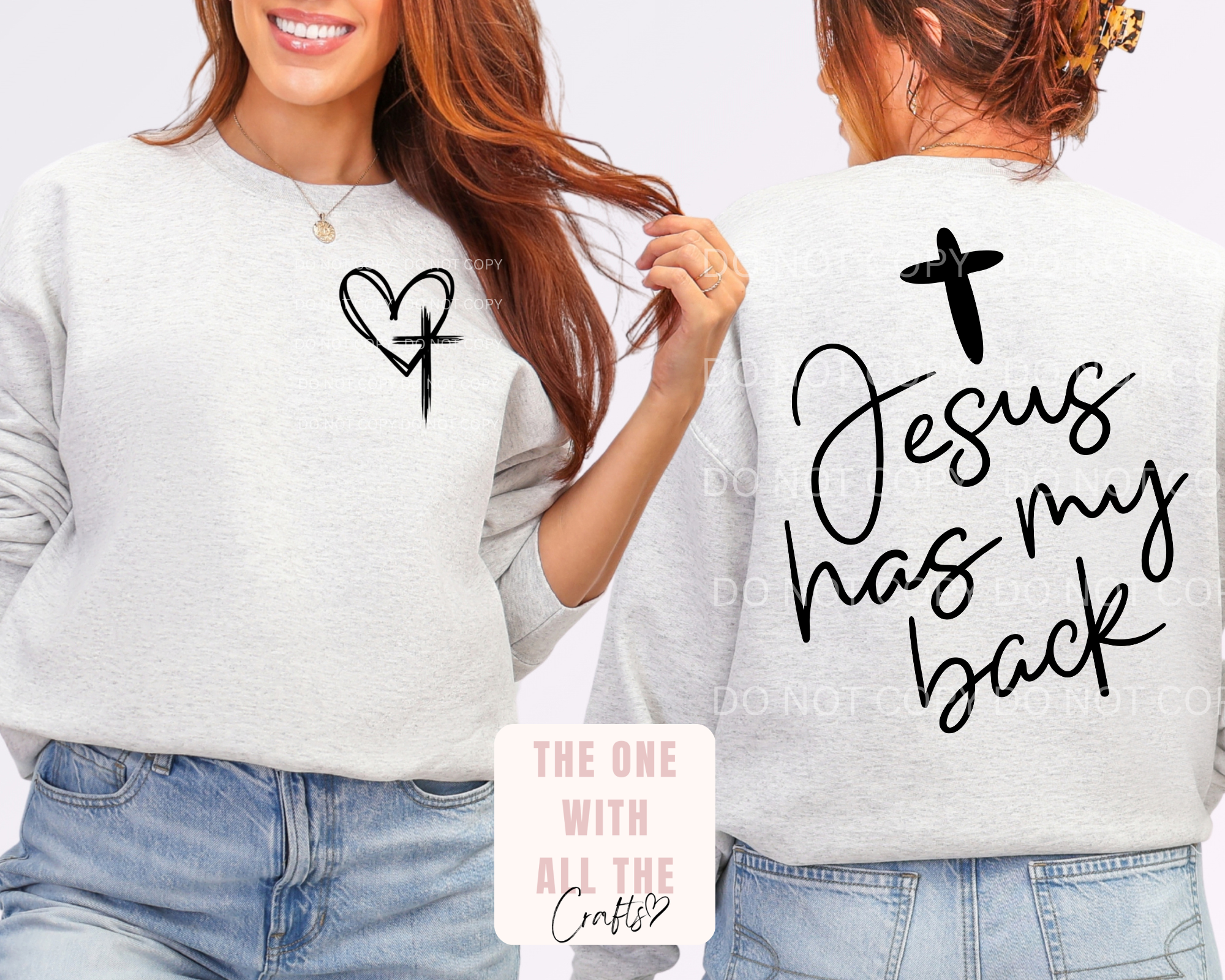 Two people wearing gray sweatshirts with a heart and cross design on the front and 'Jesus has my back' text on the back.