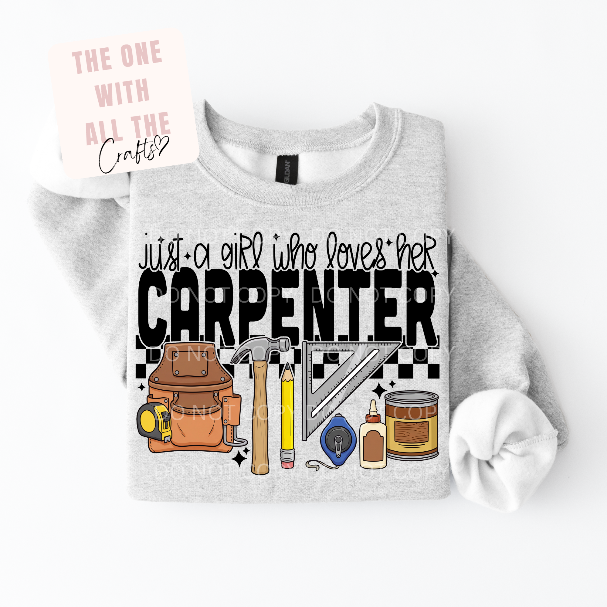 Gray sweatshirt with carpentry-themed design and text on a white background