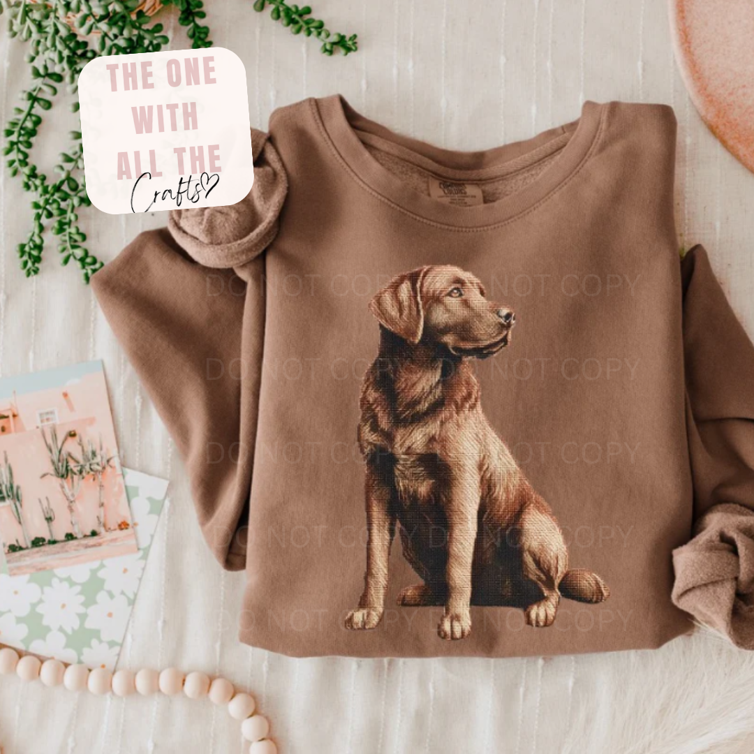 Brown sweatshirt with a dog graphic on a light wooden surface.