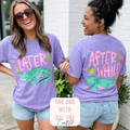 Two women wearing matching purple t-shirts with a graphic of an alligator and text, standing outdoors. Later gator t shirt. Later alligator shirt.