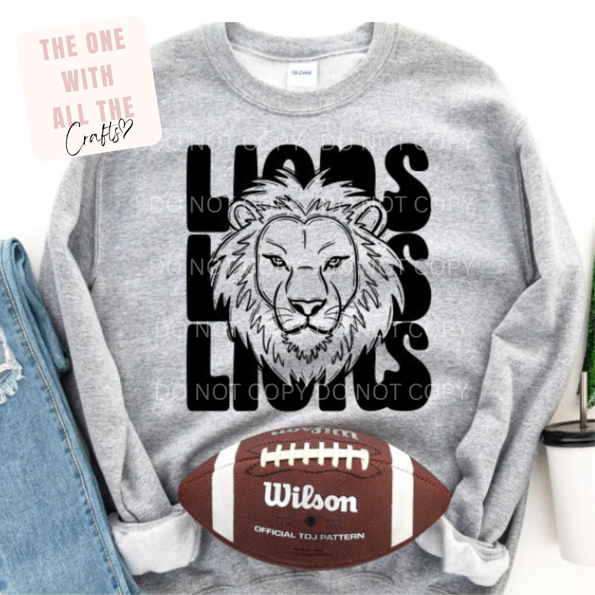 Gray sweatshirt with lion graphic and 'Lions' text, featuring a Wilson football design.