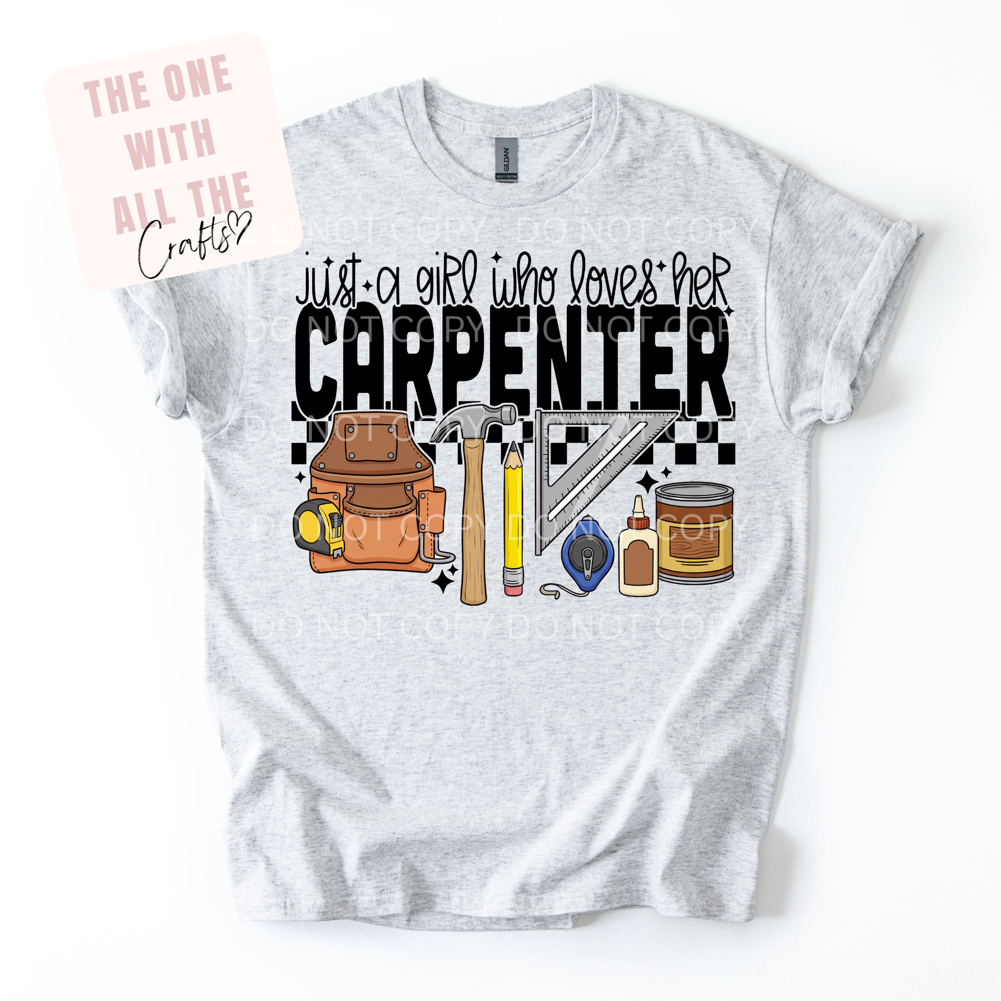 Gray t-shirt with carpentry-themed graphic and text on a white background