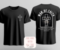 Black t-shirt with 'Man of Faith' design on front and back, featuring a lion and cross.