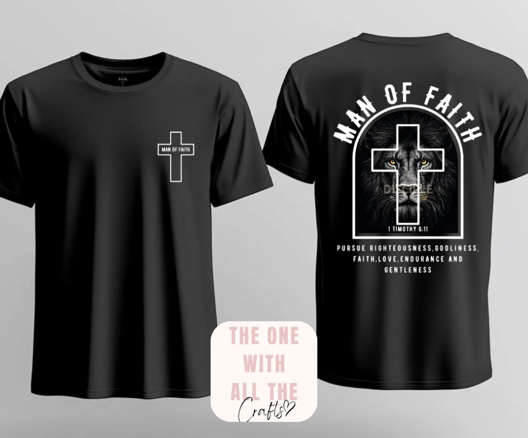 Black t-shirt with 'Man of Faith' design on front and back, featuring a lion and cross.