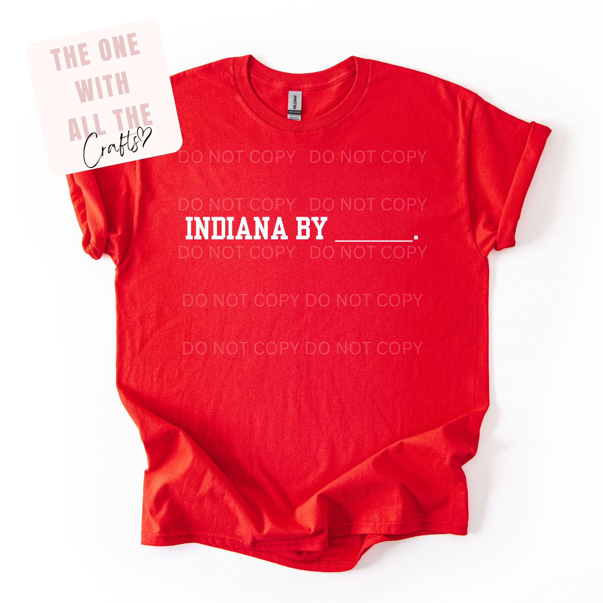 Red t-shirt with 'INDIANA BY ___' text on a white background