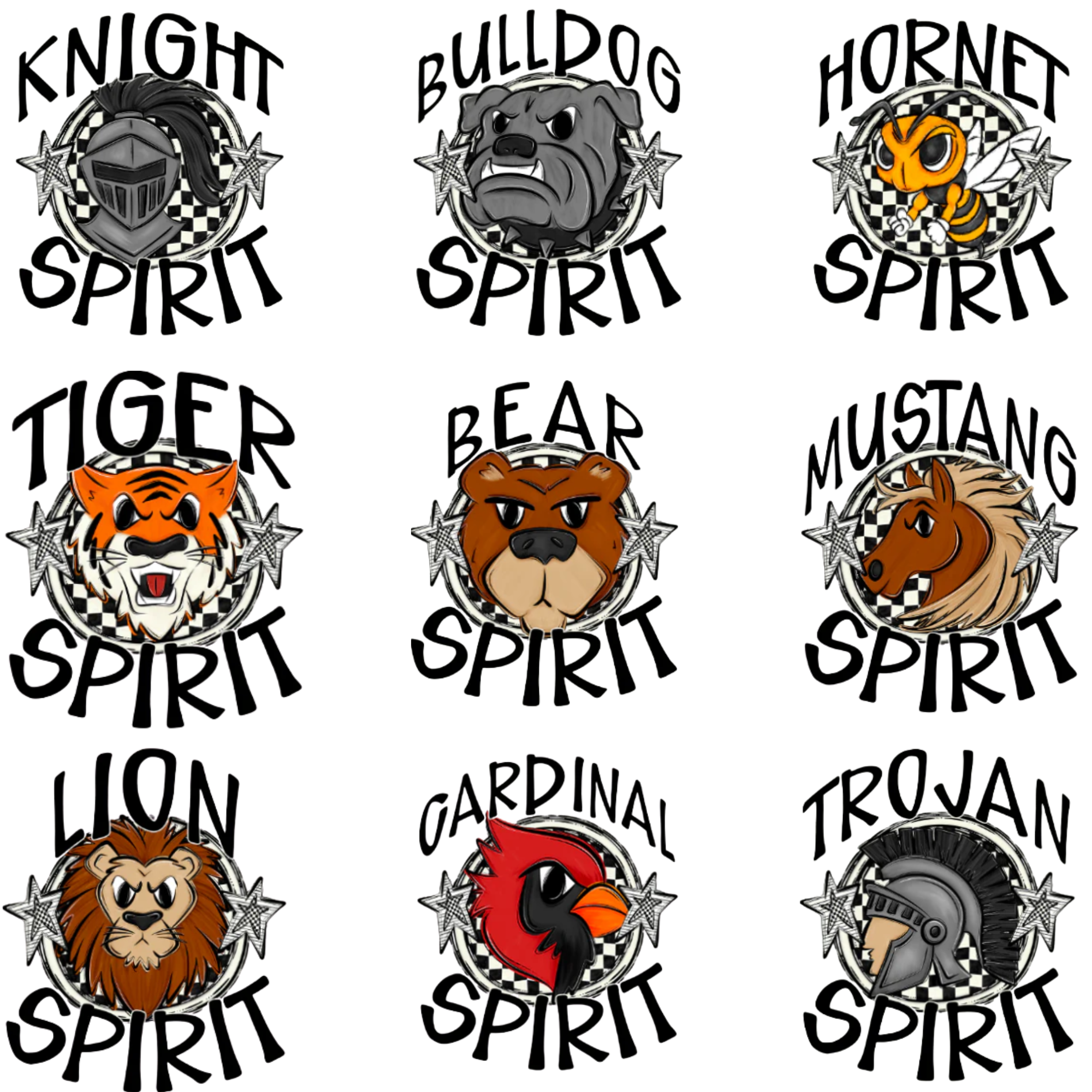 Collection of sports team logos with animal mascots and 'Spirit' text on a white background.
