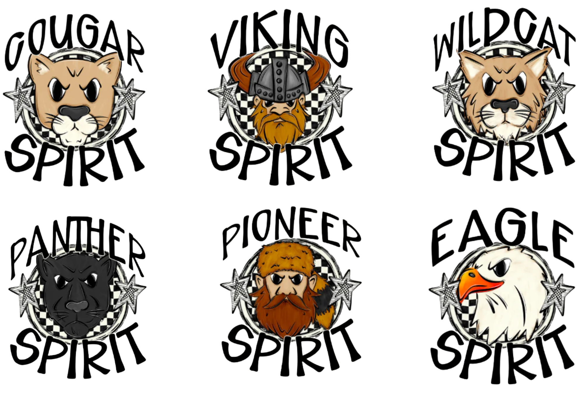 Set of six animal-themed spirit logos with respective animals and text on a white background.