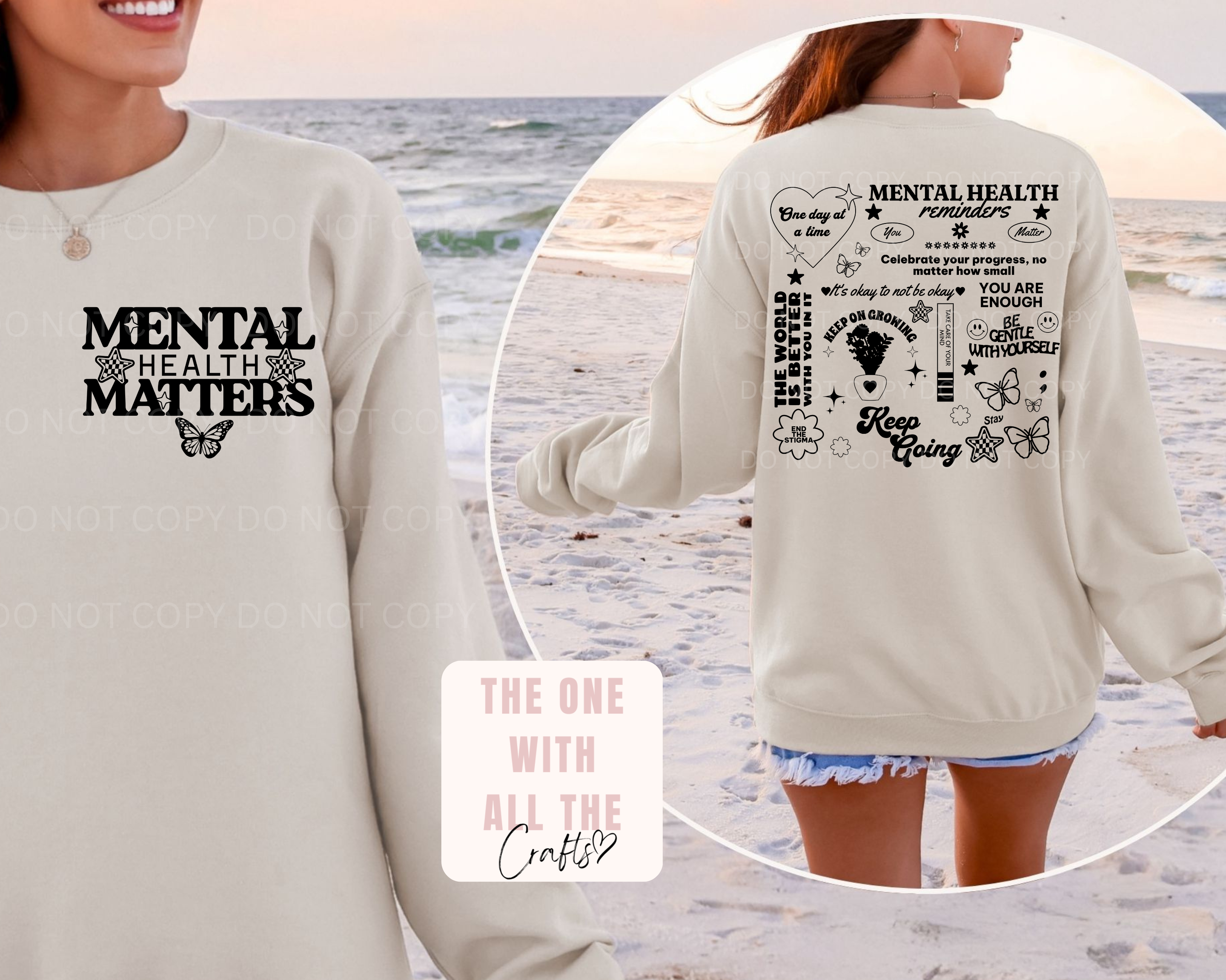Beige sweatshirt with 'Mental Health Matters' text on the front, worn by a person on a beach.