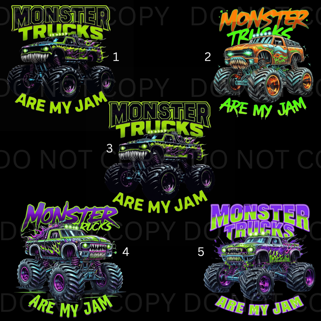 Five designs of monster trucks with colorful text on a black background