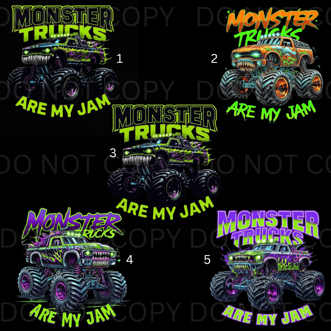 Five designs of monster trucks with colorful text on a black background