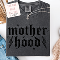 Gray t-shirt with 'motherhood' text and necklace on a white background