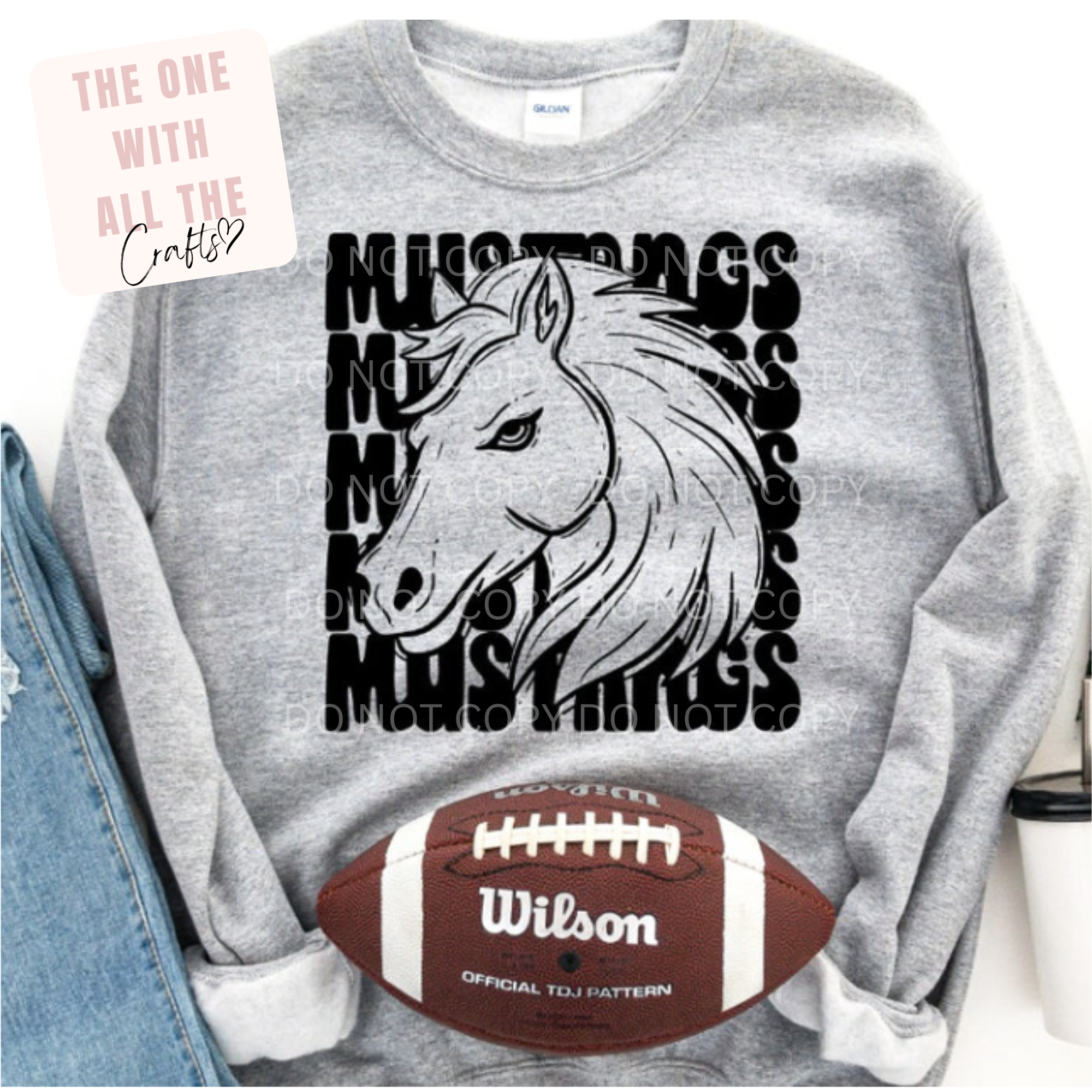 Gray sweatshirt with horse graphic and 'Mustangs' text, accompanied by a Wilson football.
