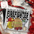 T-shirt with firefighter-themed design and text 'My heart belongs to a firefighter' on a festive background.