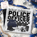 T-shirt with 'My heart belongs to a police officer' text and police-themed graphics on a decorative background.