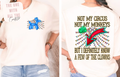 Two people wearing t-shirts with humorous sayings and graphics.