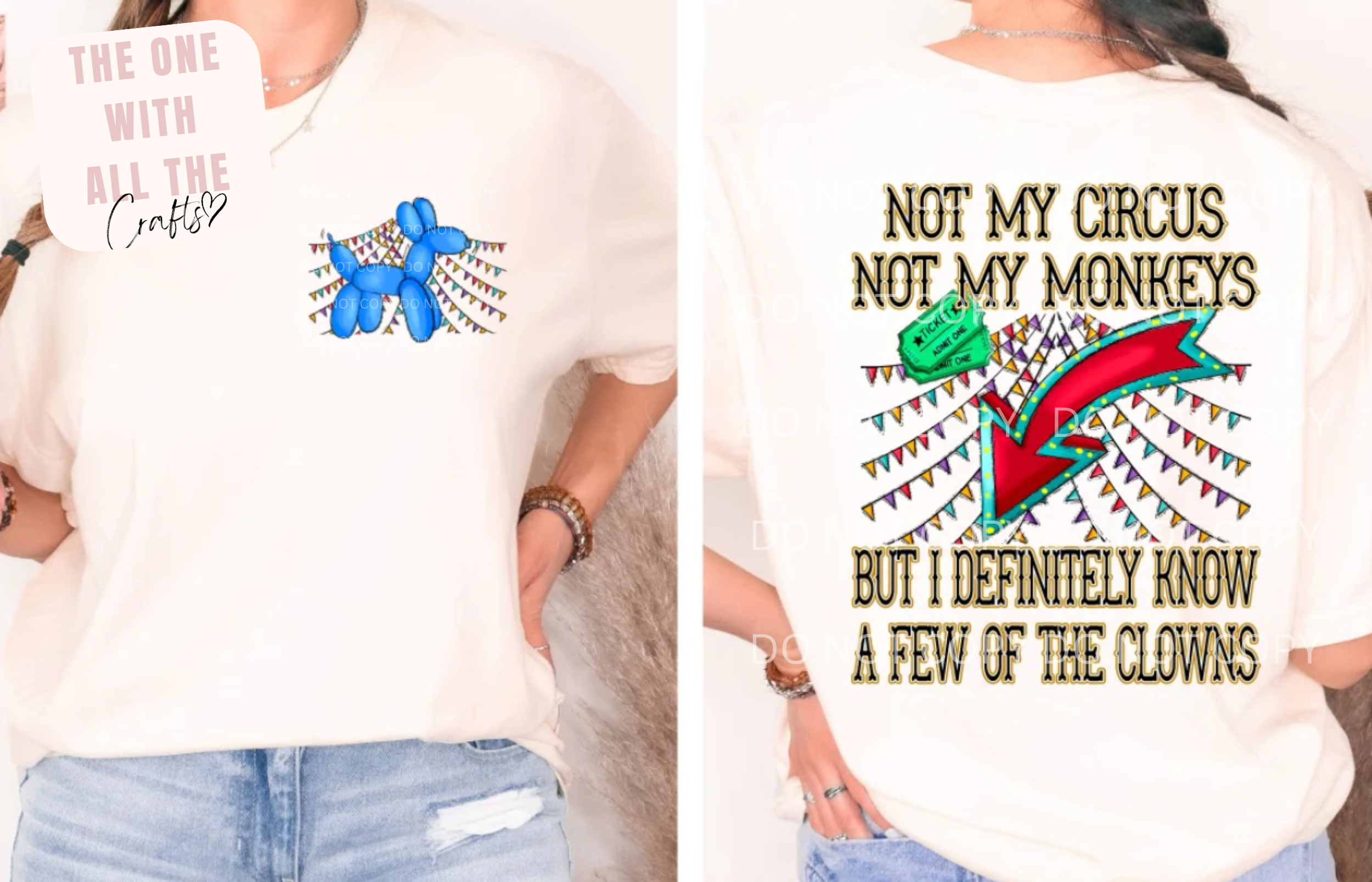 Two people wearing t-shirts with humorous sayings and graphics.