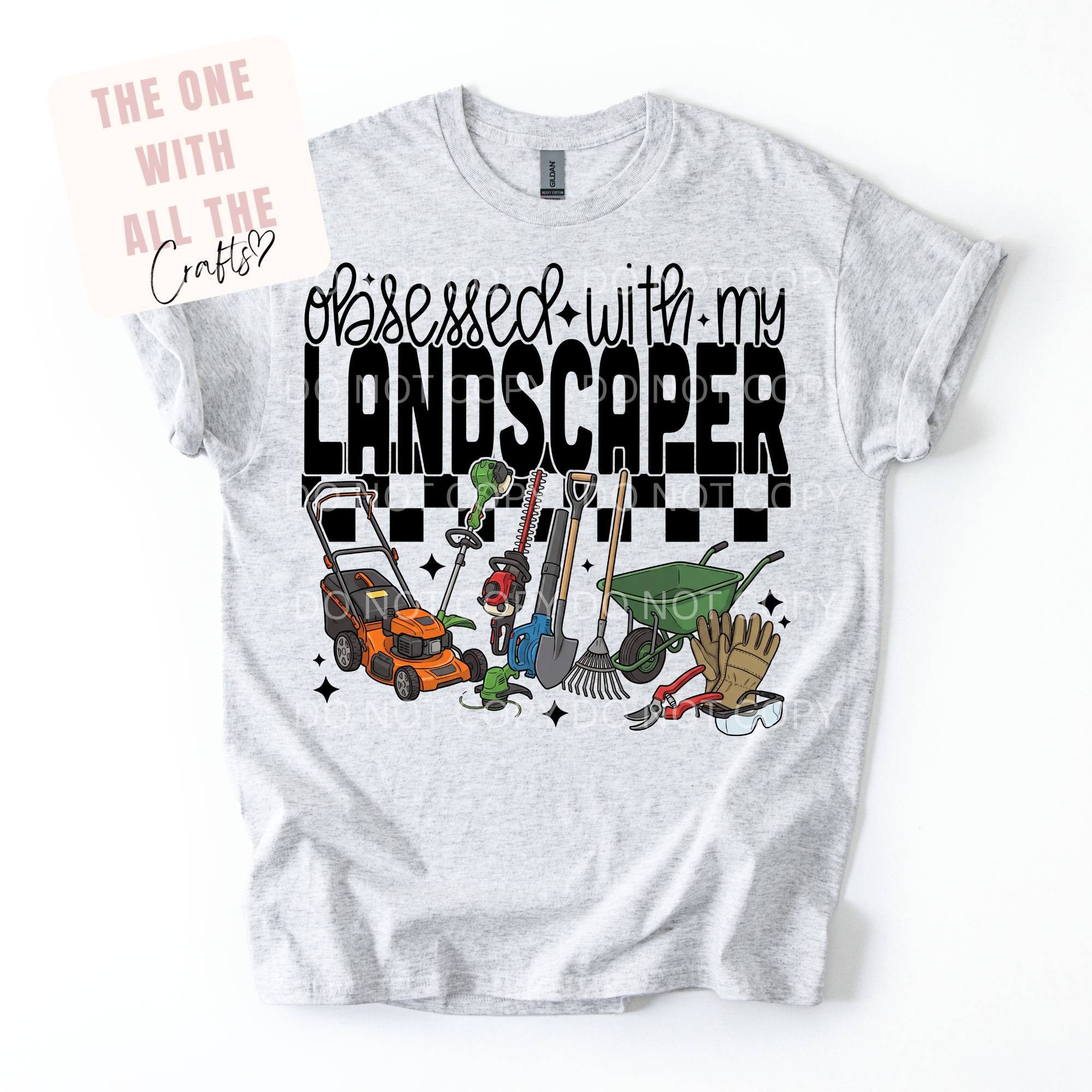 Gray t-shirt with graphic design and text 'Obsessed with my Landscaper' on a white background