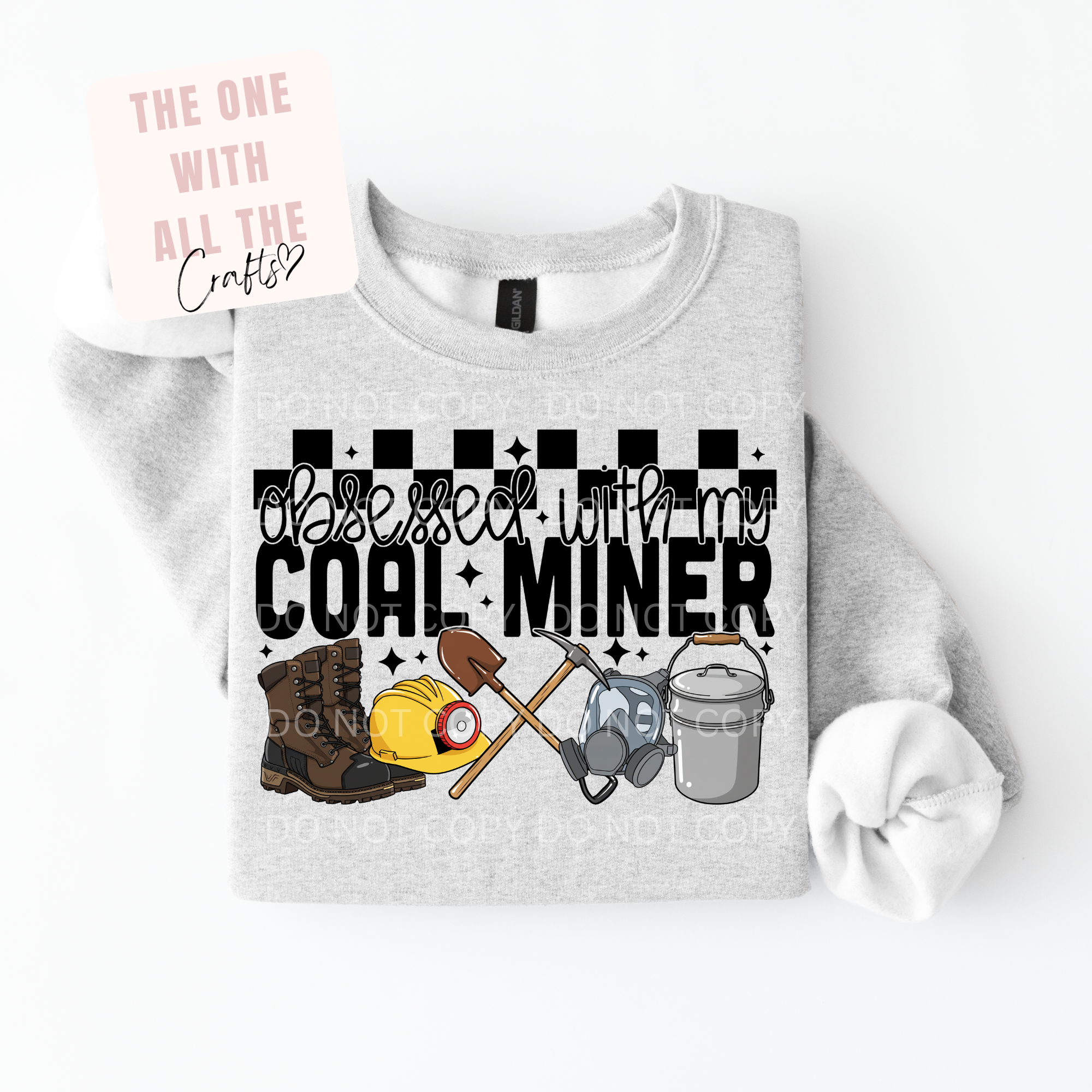 Gray sweatshirt with graphic design and text on a white background