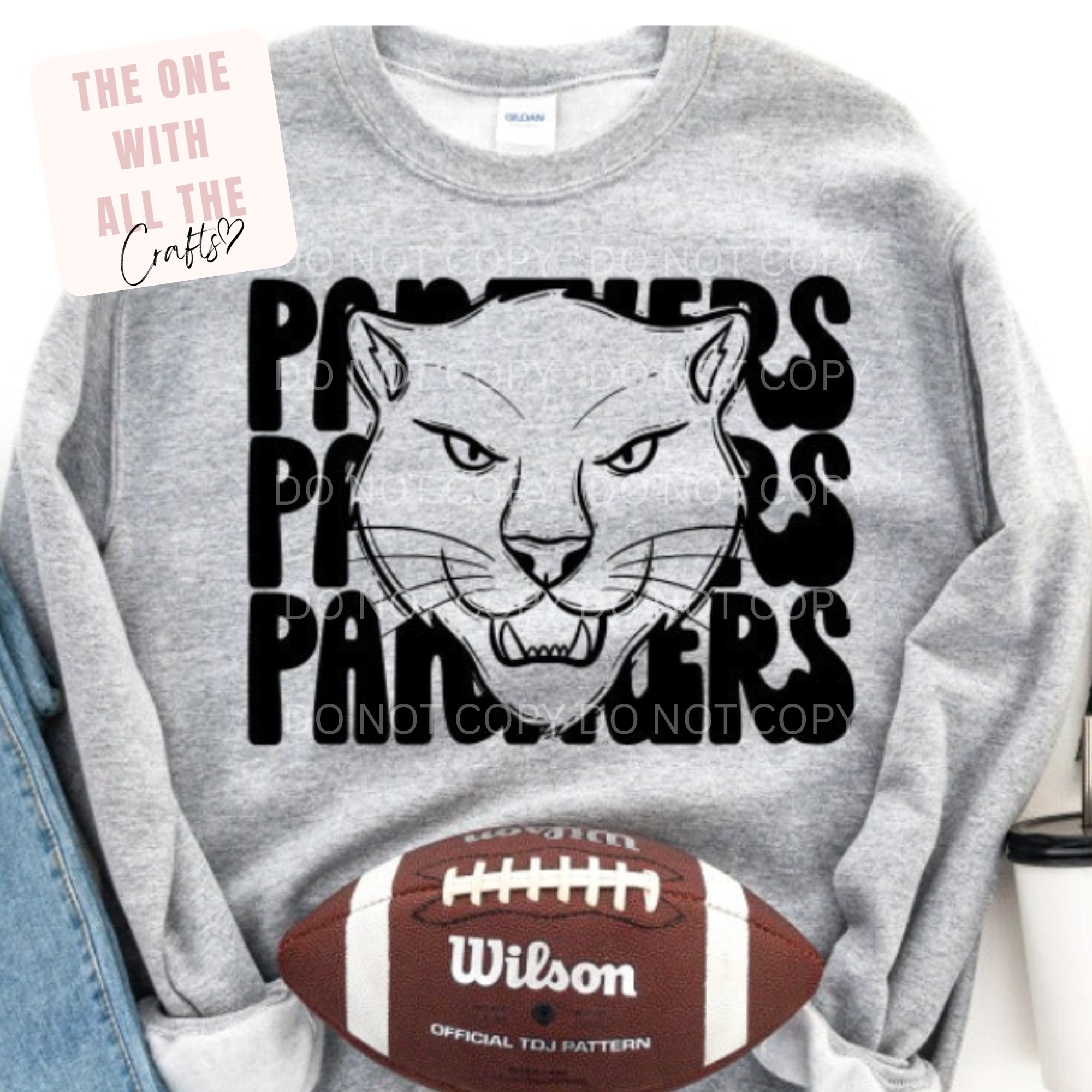 Gray sweatshirt with panther graphic and 'Panthers' text, next to a Wilson football.