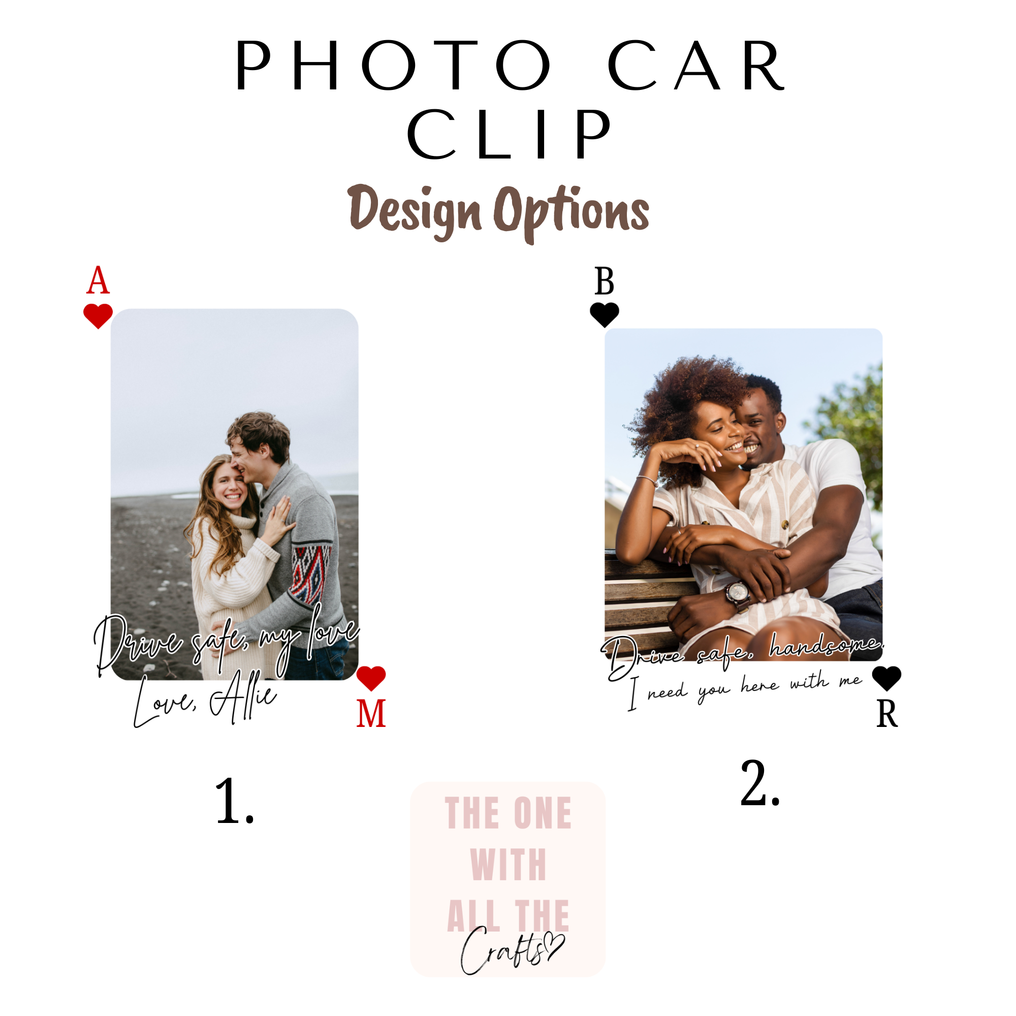 Two design options for a photo car clip with romantic couple images.