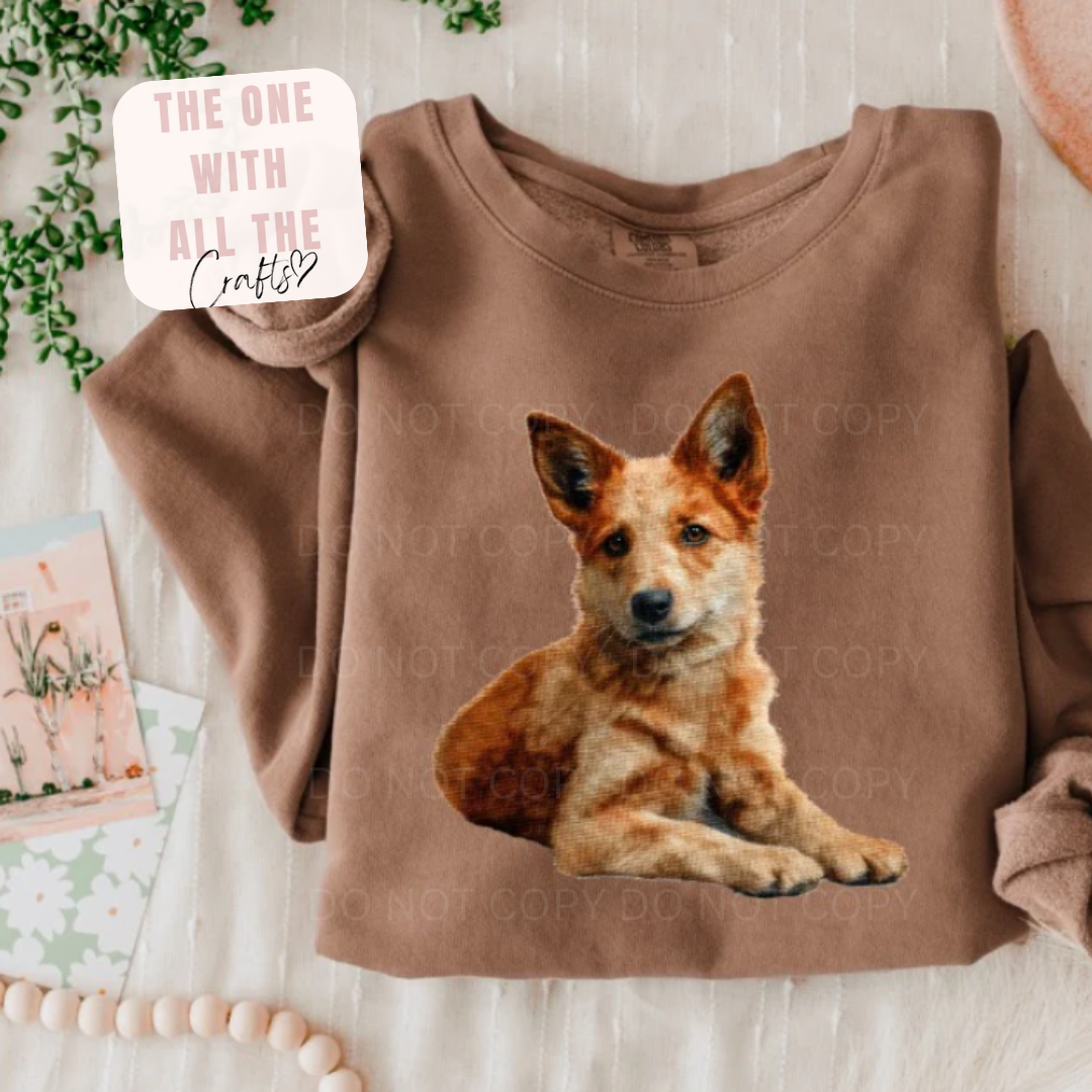 Brown sweatshirt with a dog graphic on a light wooden surface.
