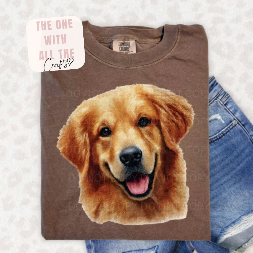 Brown t-shirt with a golden retriever graphic on a textured surface