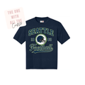 Navy blue t-shirt with 'Seattle Football' text and helmet graphic on a white background