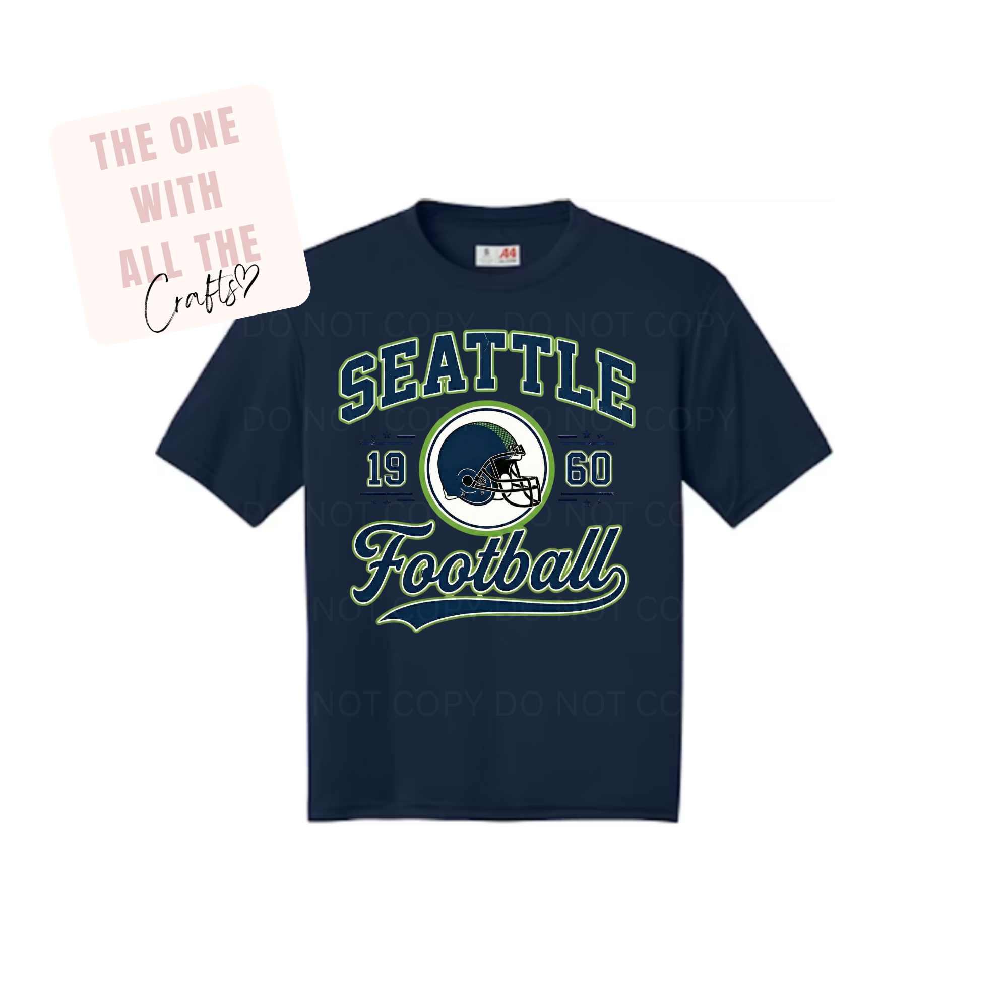 Navy blue t-shirt with 'Seattle Football' text and helmet graphic on a white background