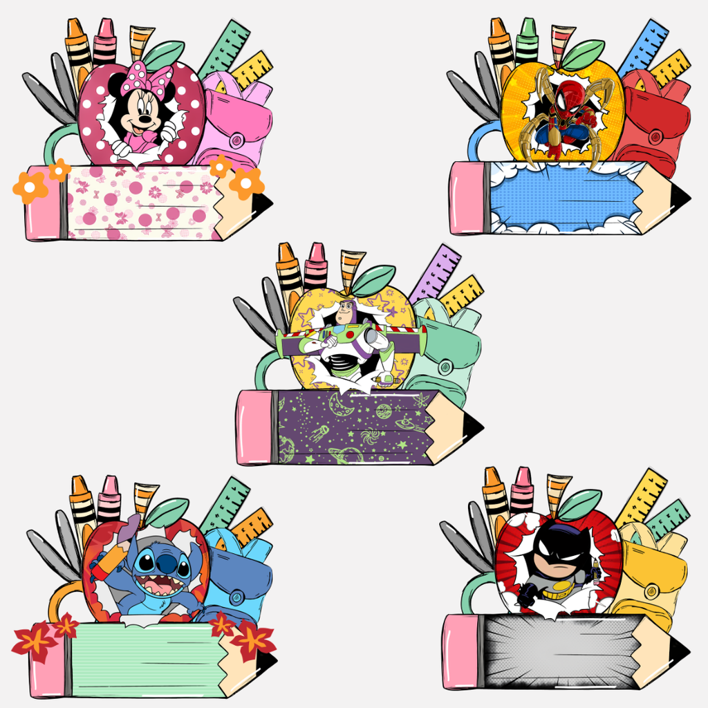Set of five cartoon character pencil boxes with stationery items on a white background