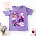 Purple t-shirt with character graphics and names on a white background