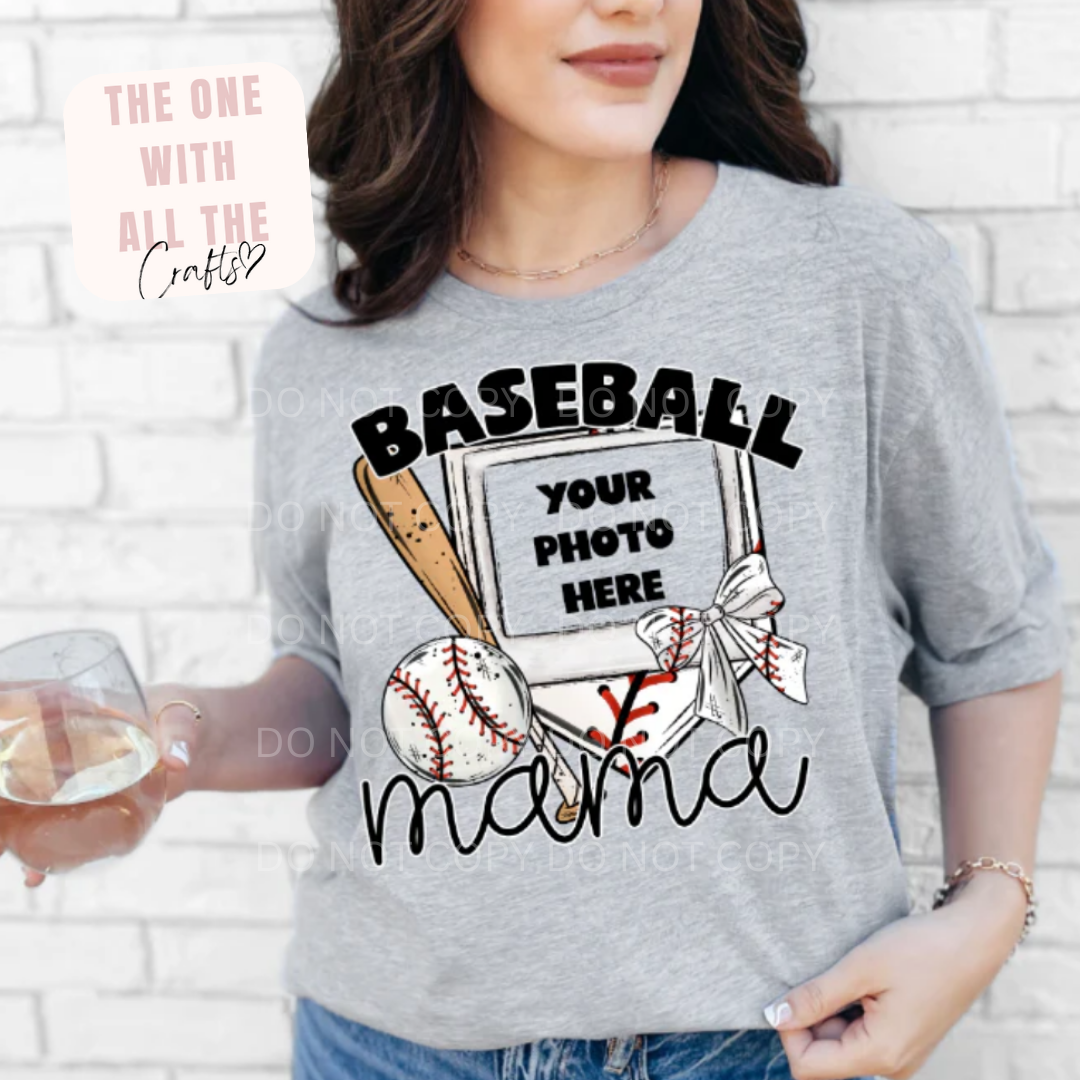 Gray t-shirt with 'Baseball Mama' design and customizable photo area, worn by a person.
