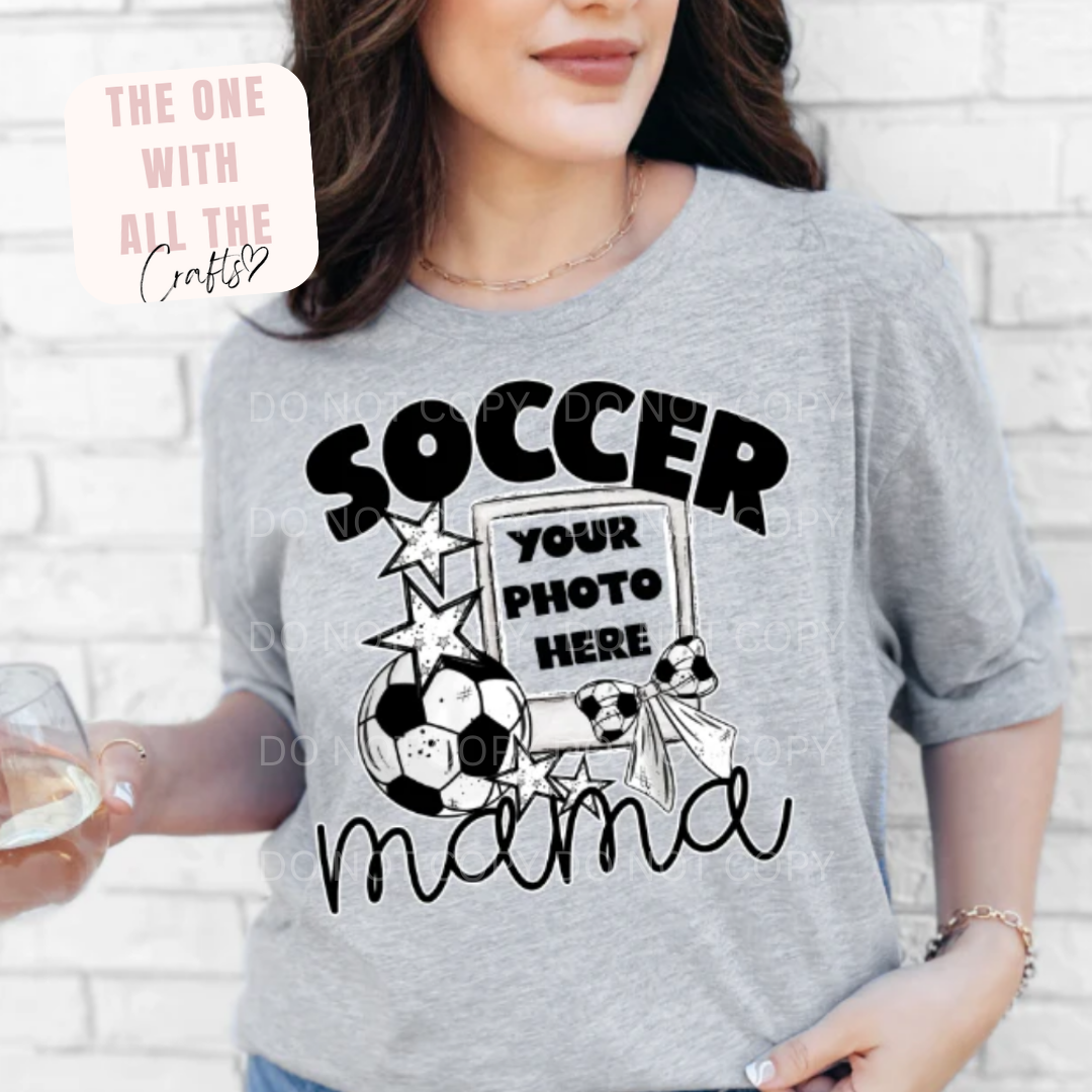 Gray t-shirt with 'Soccer Mama' design and customizable photo text, worn by a person.