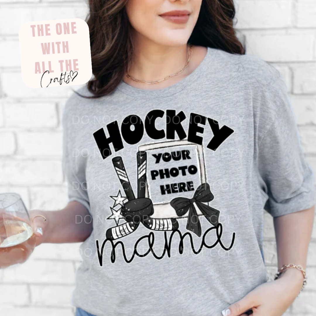 Gray t-shirt with 'Hockey Mama' design and photo placeholder held by a person.