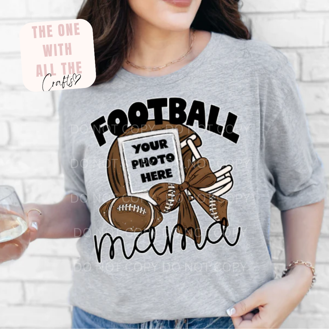Gray t-shirt with 'Football Mama' design and customizable photo area, worn by a person.