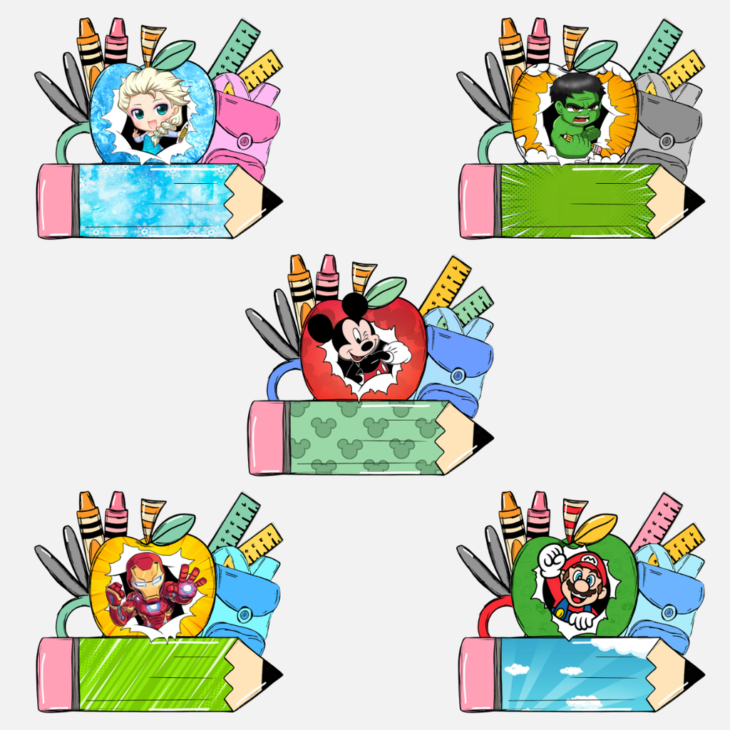 Five colorful pencil-shaped character frames with cartoon characters inside on a white background.